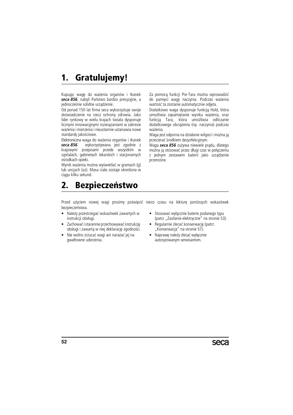 Polski, Gratulujemy, Bezpieczeństwo | Seca 856 User Manual | Page 52 / 65