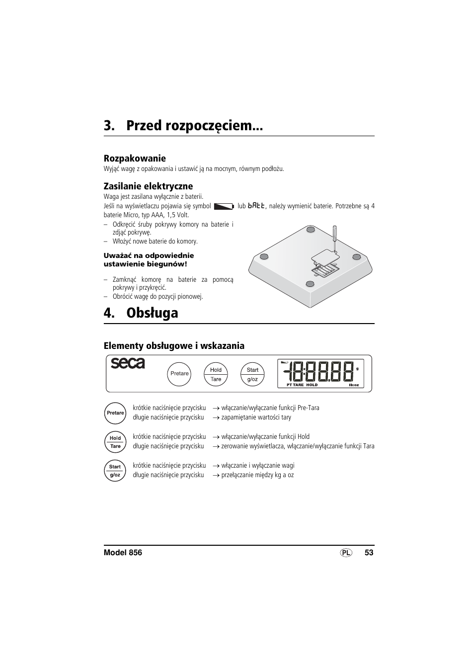Przed rozpoczęciem, Rozpakowanie, Zasilanie elektryczne | Obsługa, Elementy obsługowe i wskazania | Seca 856 User Manual | Page 53 / 65