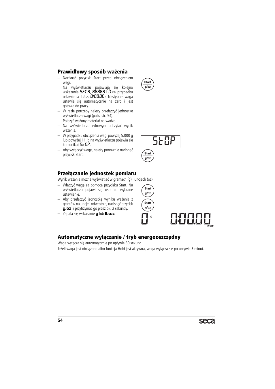 Prawidłowy sposób ważenia, Przełączanie jednostek pomiaru, Automatyczne wyłączanie / tryb energooszczędny | Seca 856 User Manual | Page 54 / 65