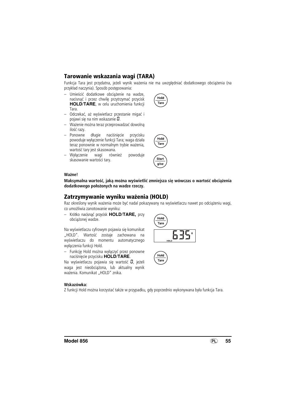 Tarowanie wskazania wagi (tara), Zatrzymywanie wyniku ważenia (hold) | Seca 856 User Manual | Page 55 / 65