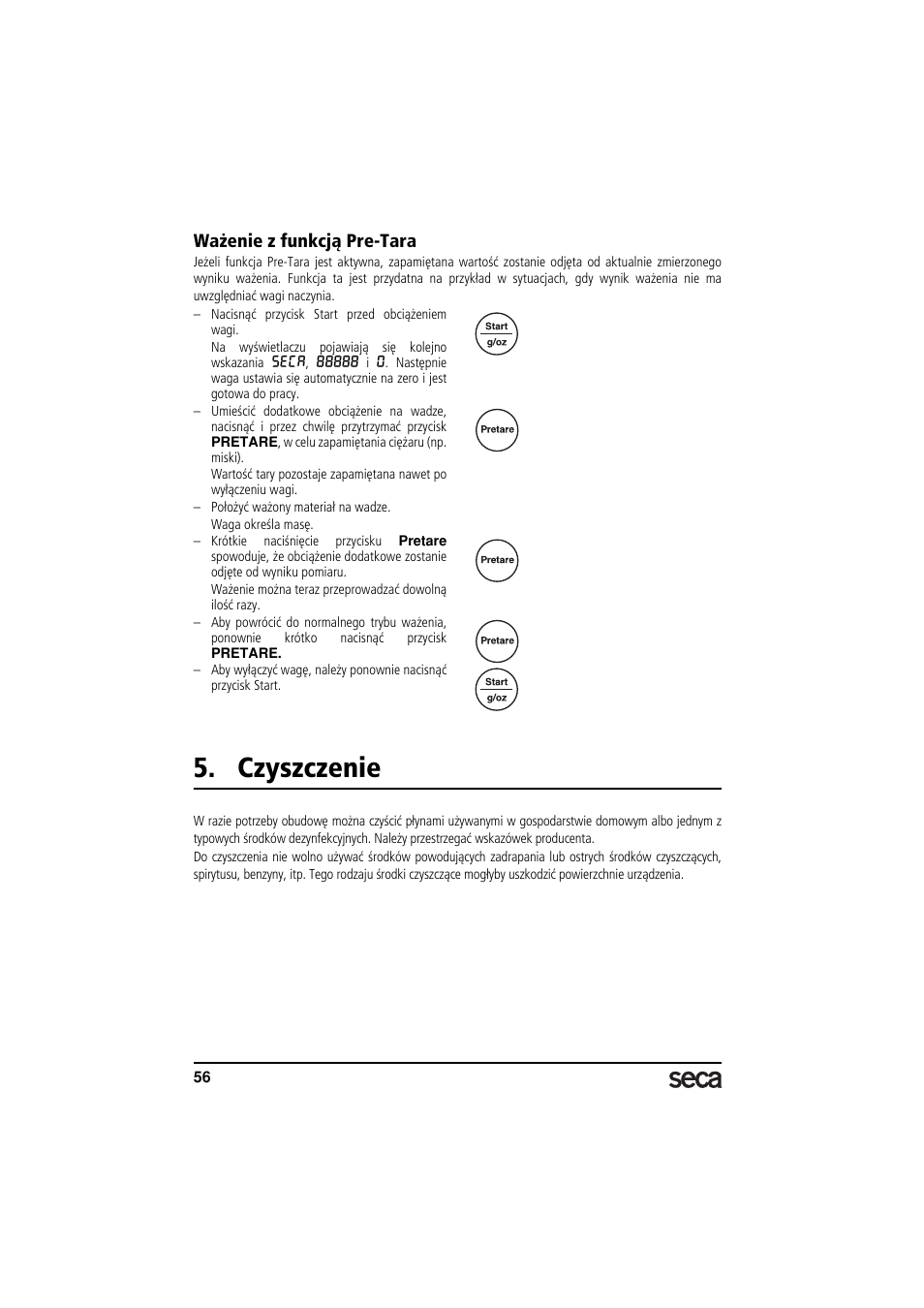 Ważenie z funkcją pre-tara, Czyszczenie | Seca 856 User Manual | Page 56 / 65