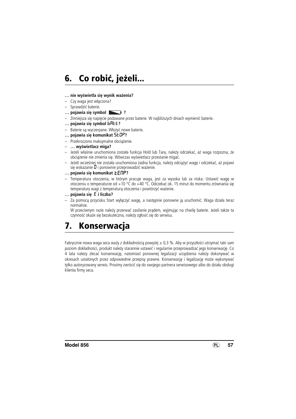 Co robić, jeżeli, Konserwacja | Seca 856 User Manual | Page 57 / 65