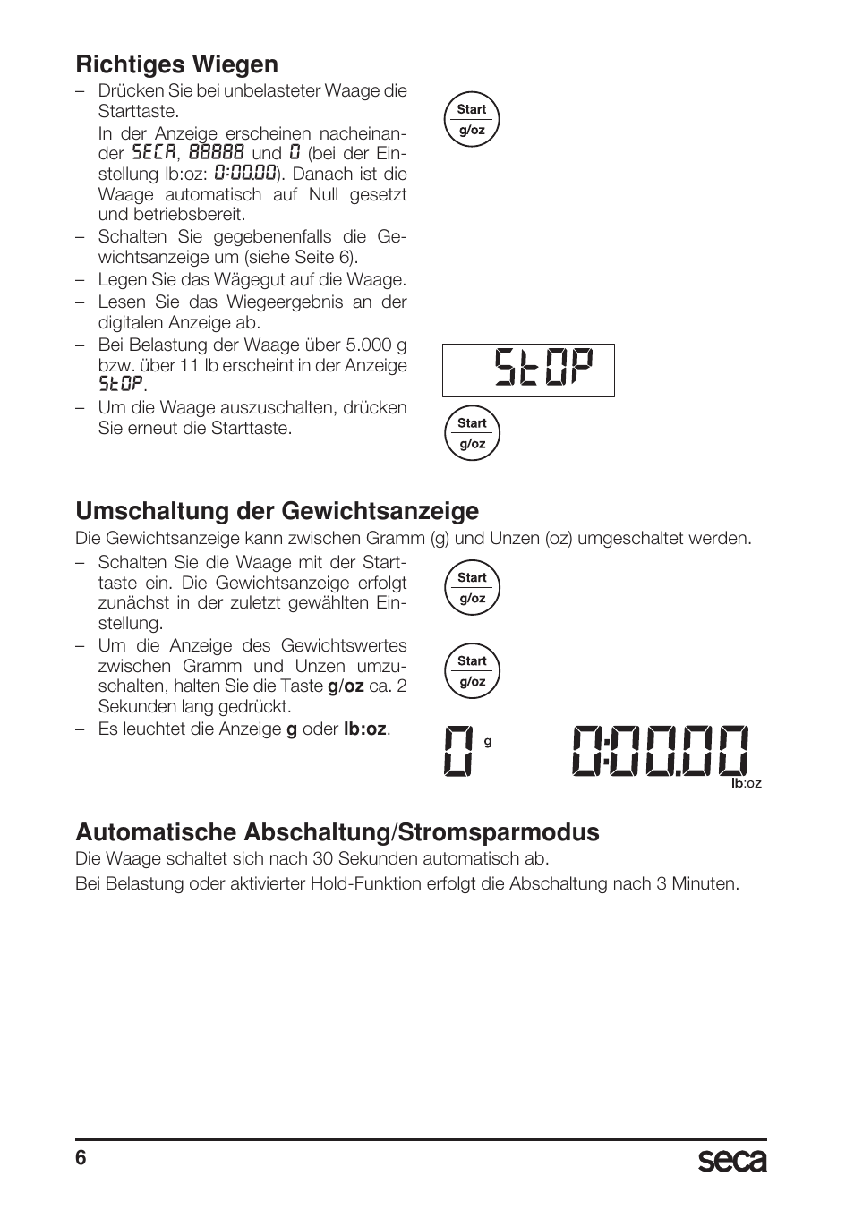 Richtiges wiegen, Umschaltung der gewichtsanzeige, Automatische abschaltung/stromsparmodus | Seca 856 User Manual | Page 6 / 65