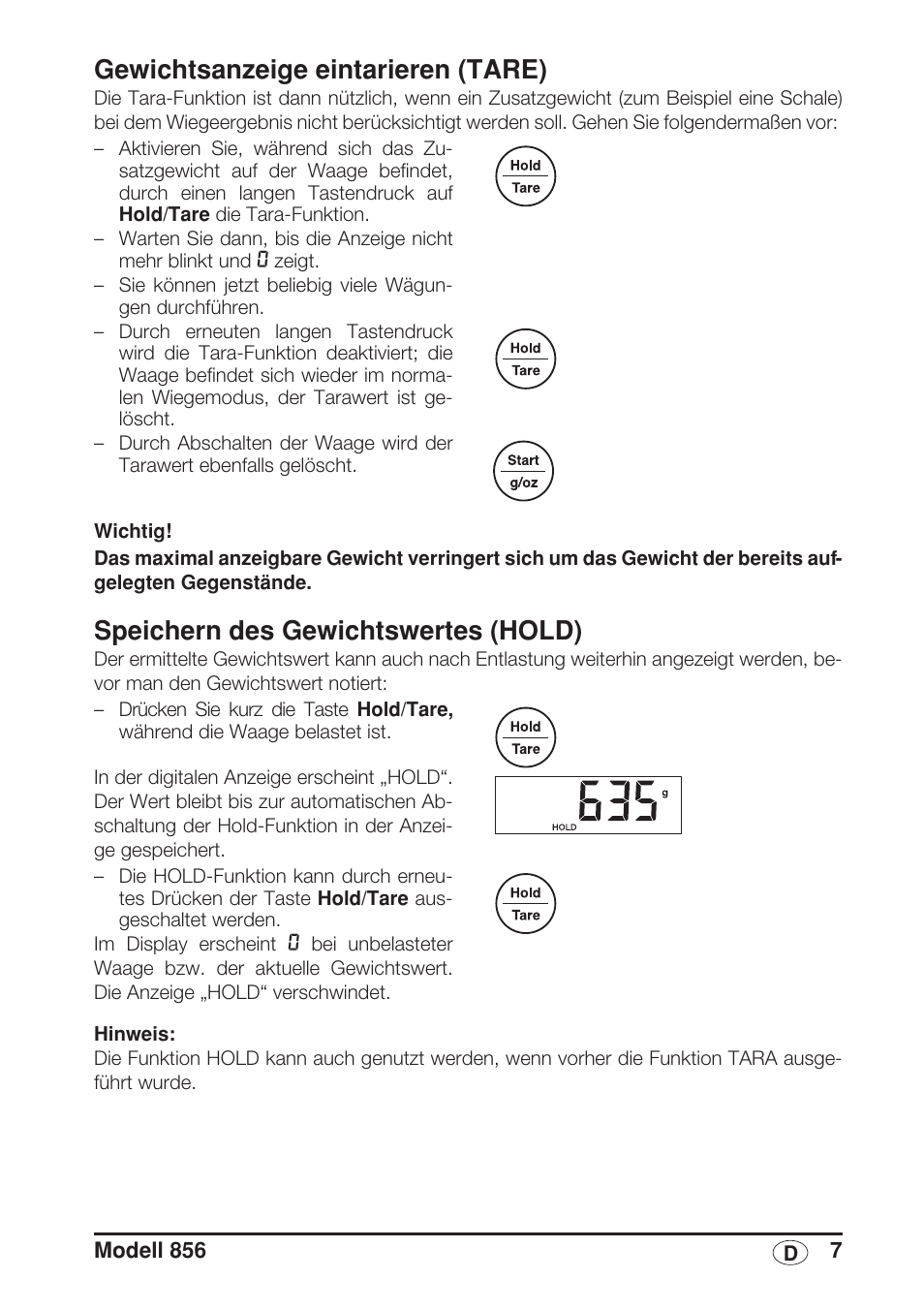 Gewichtsanzeige eintarieren (tare), Speichern des gewichtswertes (hold) | Seca 856 User Manual | Page 7 / 65