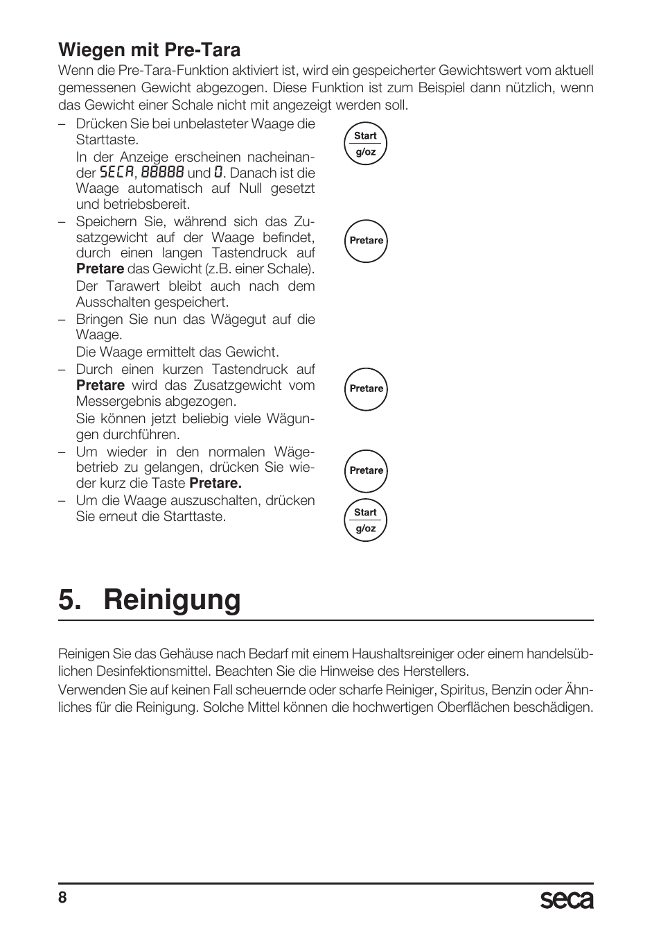 Wiegen mit pre-tara, Reinigung | Seca 856 User Manual | Page 8 / 65