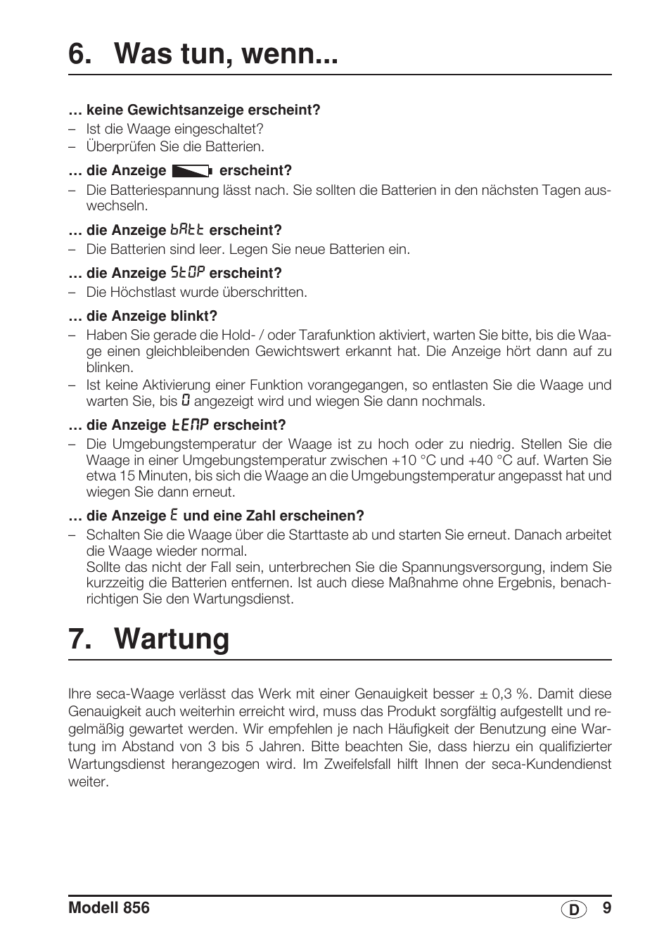 Was tun, wenn, Wartung, Durchführen | Siehe, Seite | Seca 856 User Manual | Page 9 / 65