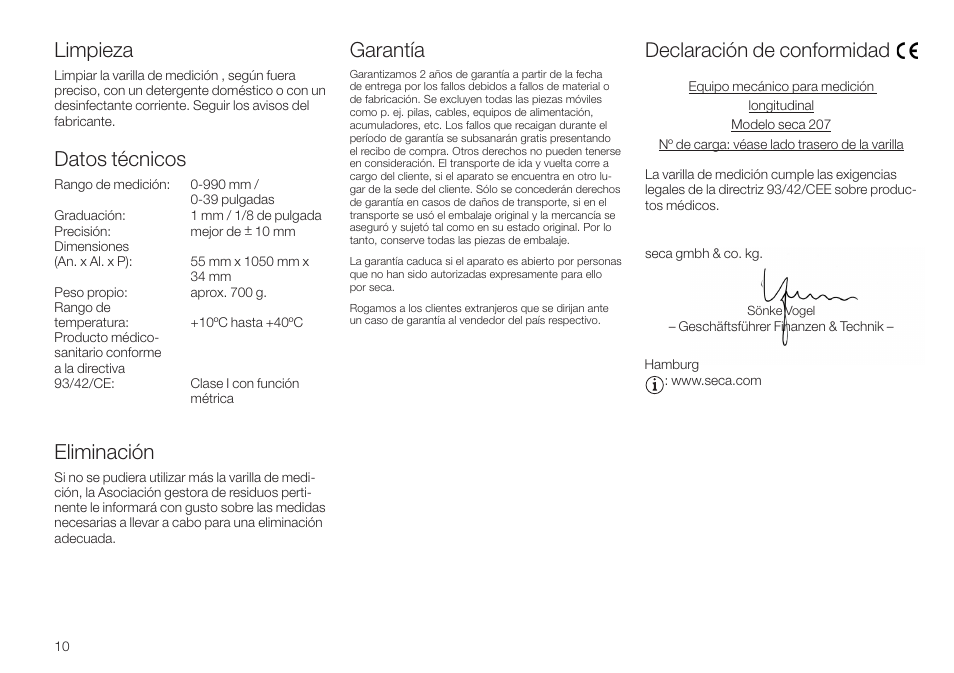 Limpieza, Datos técnicos, Eliminación | Garantía, Declaración de conformidad | Seca 207 User Manual | Page 10 / 32