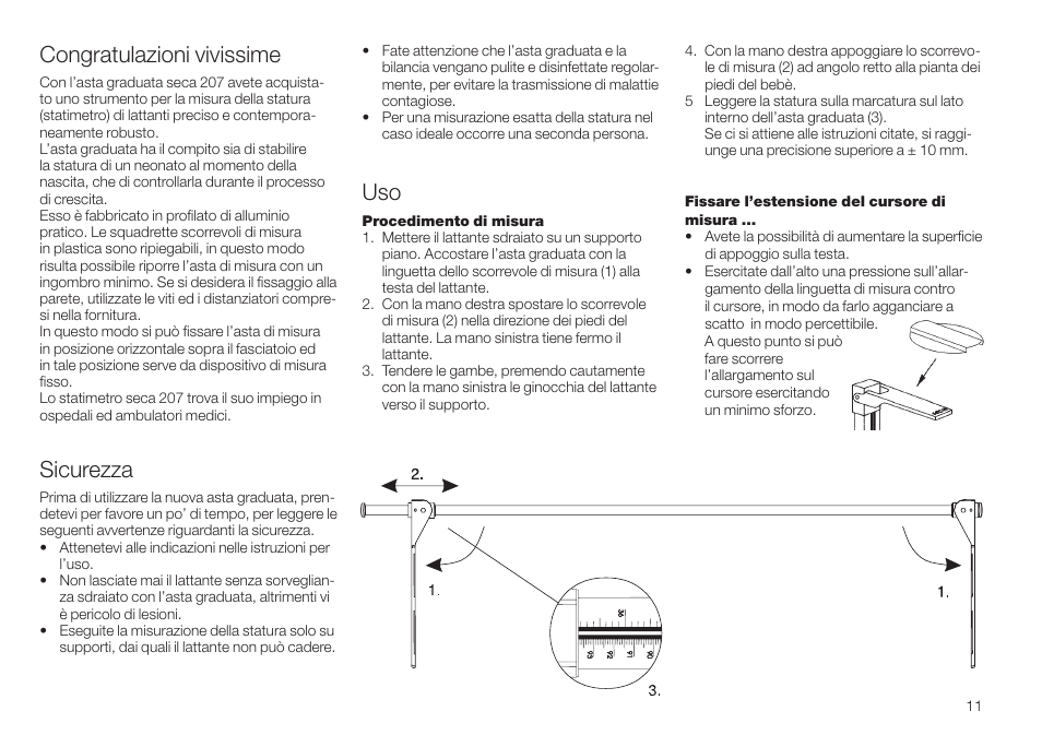 Italiano, Congratulazioni vivissime, Sicurezza | Seca 207 User Manual | Page 11 / 32