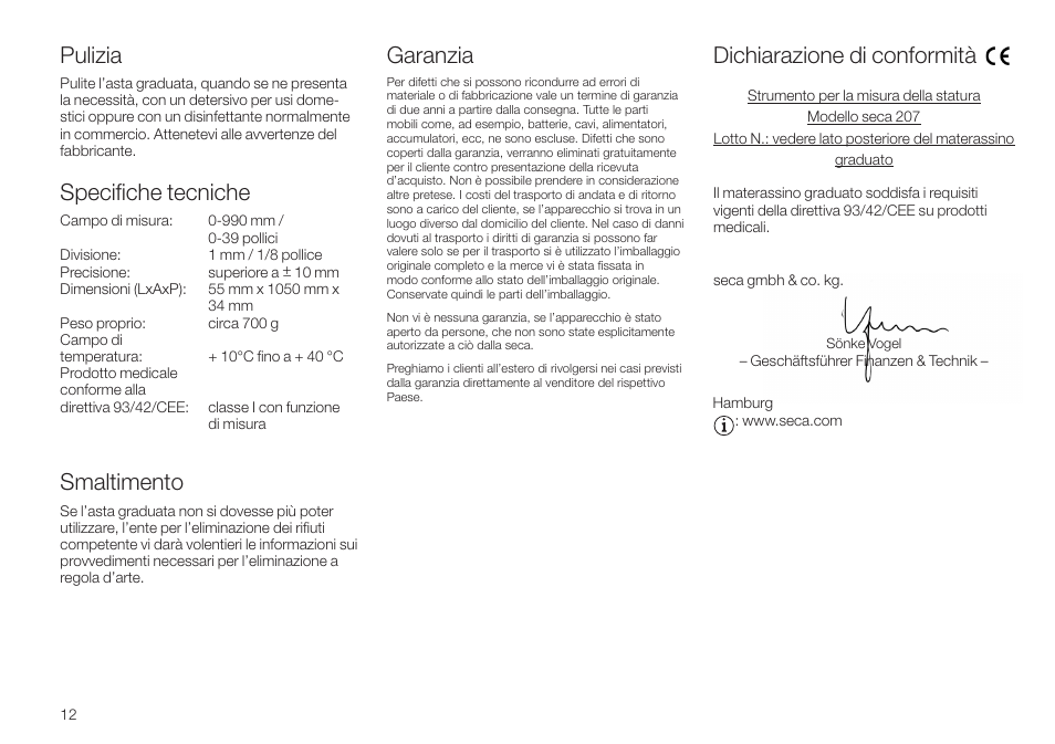 Pulizia, Specifiche tecniche, Smaltimento | Garanzia, Dichiarazione di conformità | Seca 207 User Manual | Page 12 / 32
