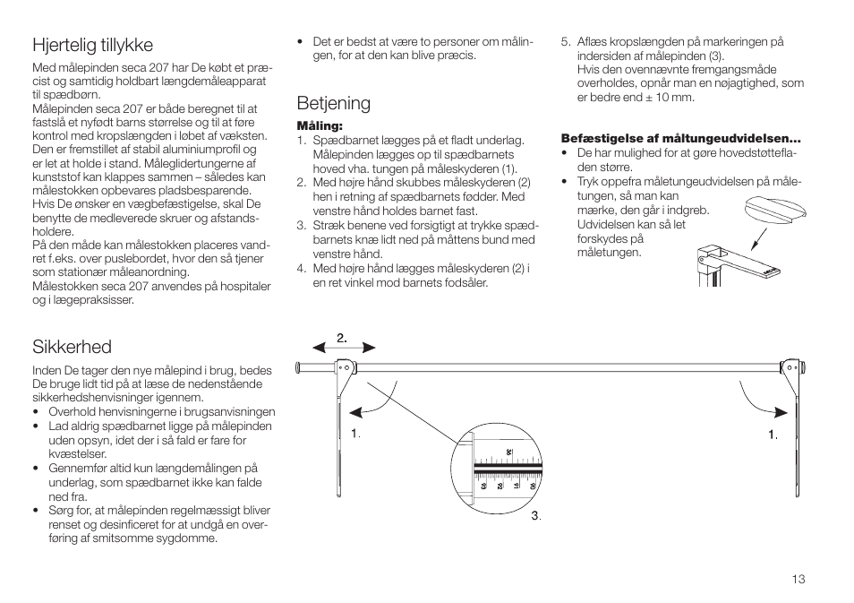Dansk, Hjertelig tillykke, Sikkerhed | Betjening | Seca 207 User Manual | Page 13 / 32