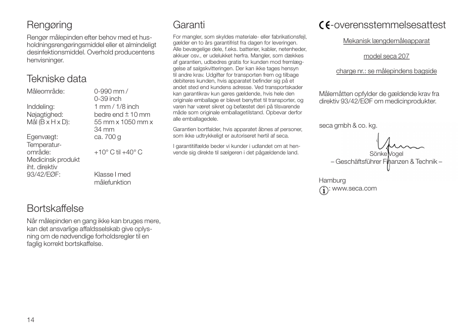 Rengøring, Tekniske data, Bortskaffelse | Garanti, Overensstemmelsesattest | Seca 207 User Manual | Page 14 / 32