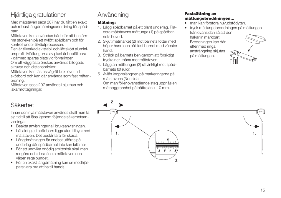 Svenska, Hjärtliga gratulationer, Säkerhet | Användning | Seca 207 User Manual | Page 15 / 32