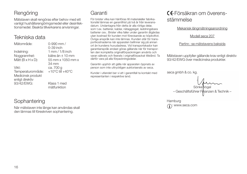 Rengöring, Tekniska data, Sophantering | Garanti, Försäkran om överensstämmelse, Försäkran om överens- stämmelse | Seca 207 User Manual | Page 16 / 32