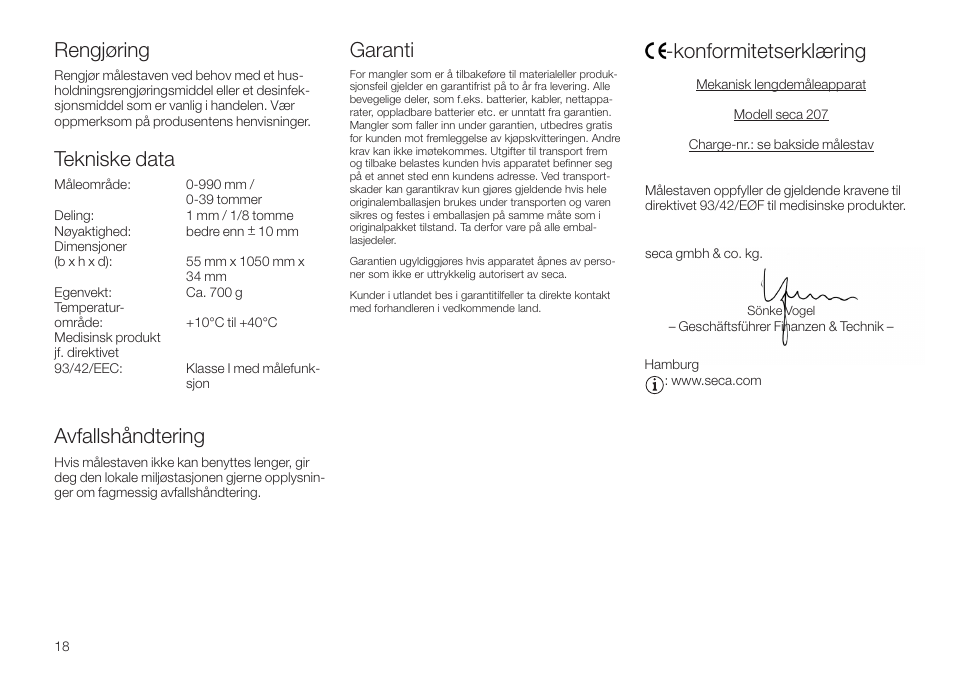 Rengjøring, Tekniske data, Avfallshåndtering | Garanti, Konformitetserklæring | Seca 207 User Manual | Page 18 / 32