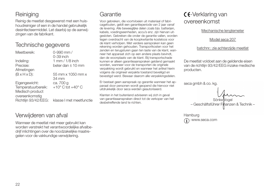 Reiniging, Technische gegevens, Verwijderen van afval | Garantie, Verklaring vanovereenkomst, Verklaring van overeenkomst | Seca 207 User Manual | Page 22 / 32