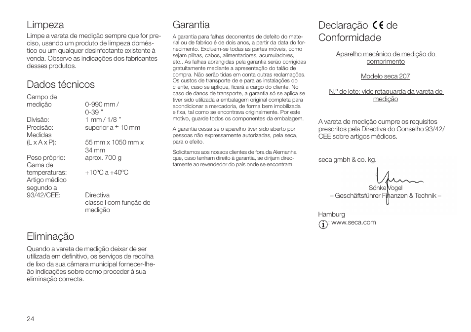 Limpeza, Dados técnicos, Eliminação | Garantia, Declaração de conformidade, Declaração, De conformidade | Seca 207 User Manual | Page 24 / 32