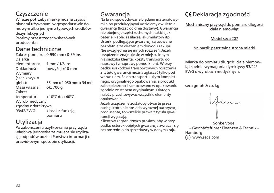 Czyszczenie, Dane techniczne, Utylizacja | Gwarancja, Deklaracja zgodności | Seca 207 User Manual | Page 30 / 32