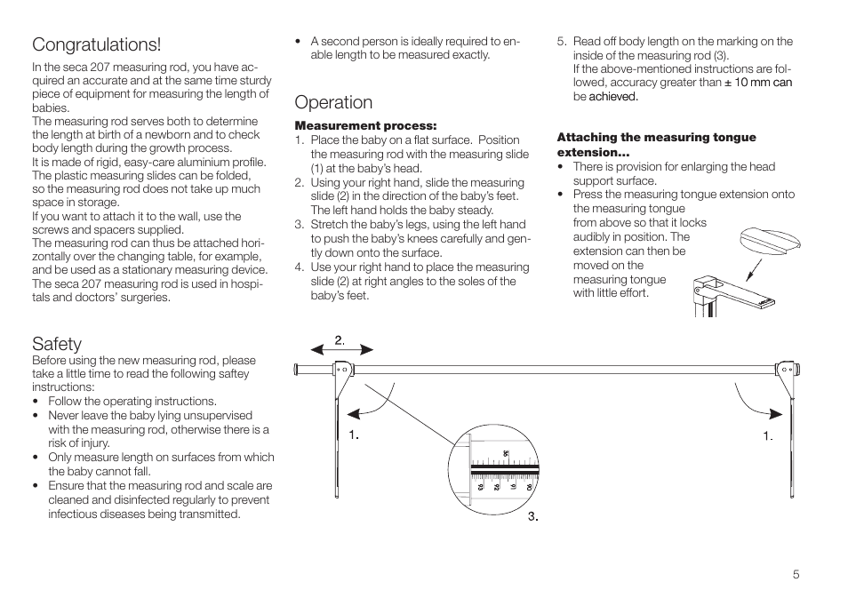 English, Congratulations, Safety | Operation | Seca 207 User Manual | Page 5 / 32