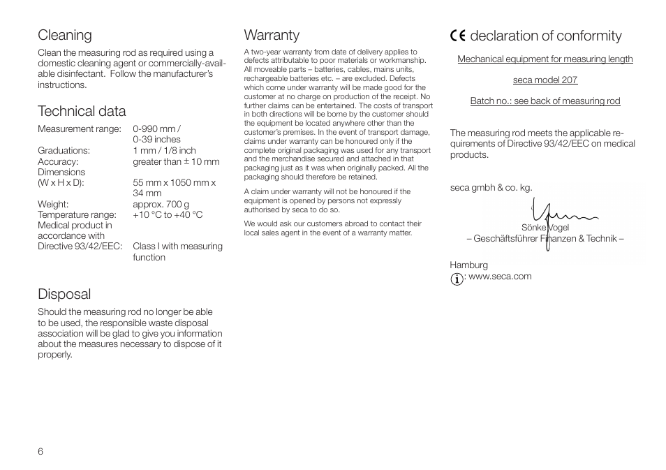 Cleaning, Technical data, Disposal | Warranty, Declarationof conformity, Declaration of conformity | Seca 207 User Manual | Page 6 / 32