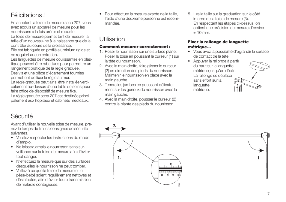 Français, Félicitations, Sécurité | Utilisation | Seca 207 User Manual | Page 7 / 32