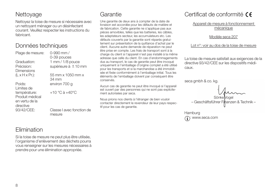 Nettoyage, Données techniques, Elimination | Garantie, Certificat de conformité | Seca 207 User Manual | Page 8 / 32