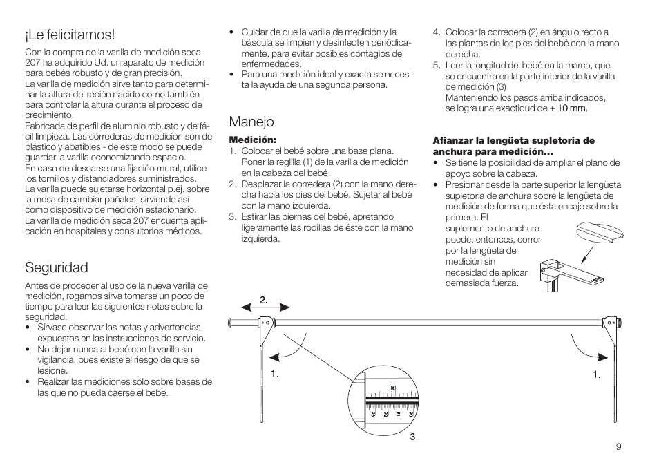 Español, Le felicitamos, Seguridad | Manejo | Seca 207 User Manual | Page 9 / 32