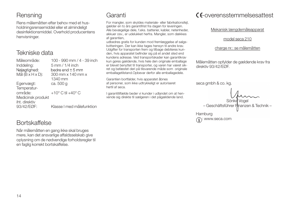 Rensning, Tekniske data, Bortskaffelse | Garanti, Overensstemmelsesattest | Seca 210 User Manual | Page 14 / 32