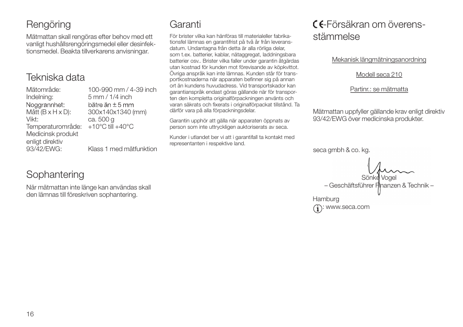 Rengöring, Tekniska data, Sophantering | Garanti, Försäkran om överens-stämmelse, Försäkran om överens- stämmelse | Seca 210 User Manual | Page 16 / 32