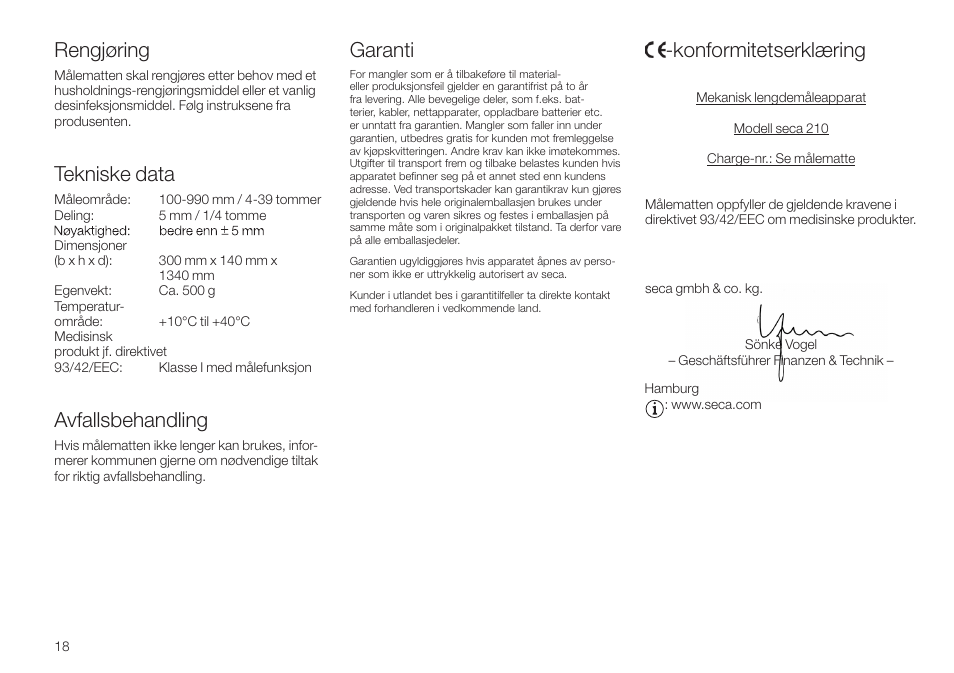 Rengjøring, Tekniske data, Avfallsbehandling | Garanti, Konformitetserklæring | Seca 210 User Manual | Page 18 / 32