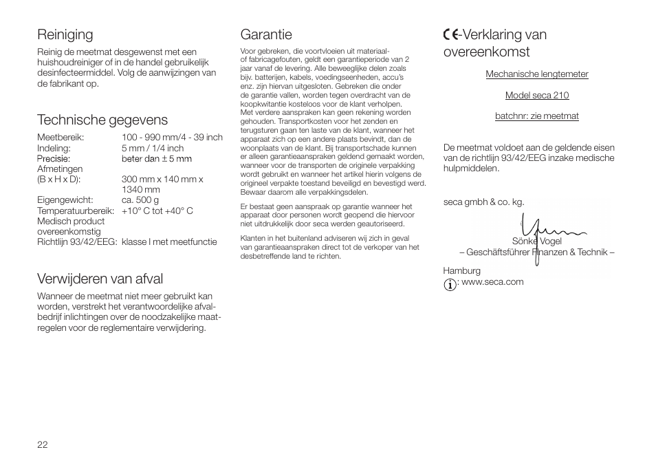 Reiniging, Technische gegevens, Verwijderen van afval | Garantie, Verklaring van overeenkomst | Seca 210 User Manual | Page 22 / 32