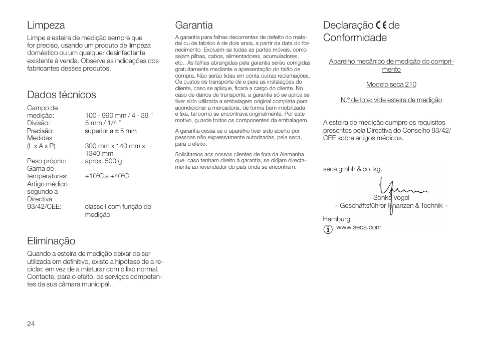 Limpeza, Dados técnicos, Eliminação | Garantia, Declaração de conformidade | Seca 210 User Manual | Page 24 / 32