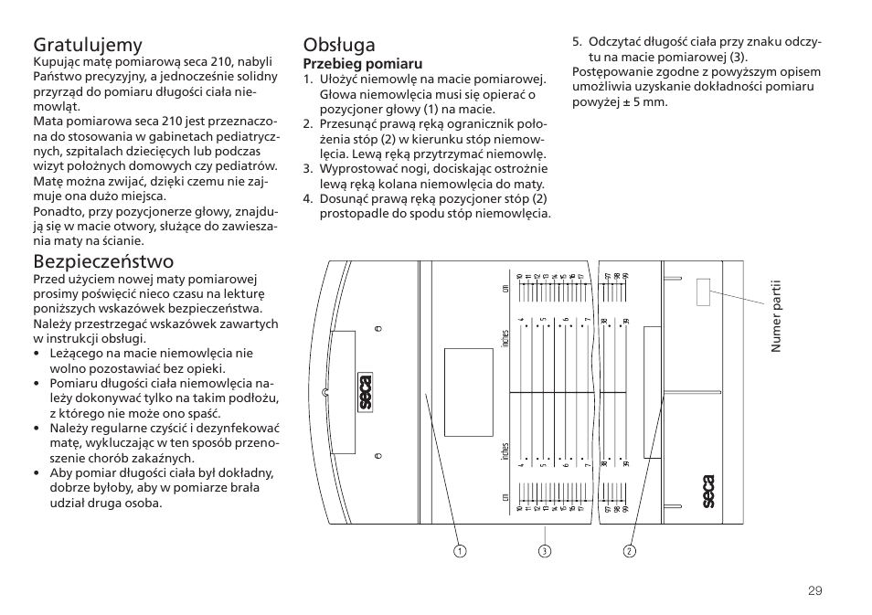 Polski, Gratulujemy, Bezpieczeństwo | Obsługa, クリーニング, 技術データ, 廃棄処分 | Seca 210 User Manual | Page 29 / 32