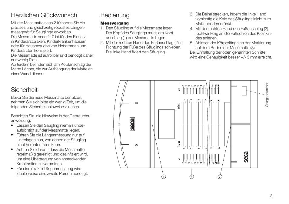 Deutsch, Herzlichen glückwunsch, Sicherheit | Bedienung | Seca 210 User Manual | Page 3 / 32