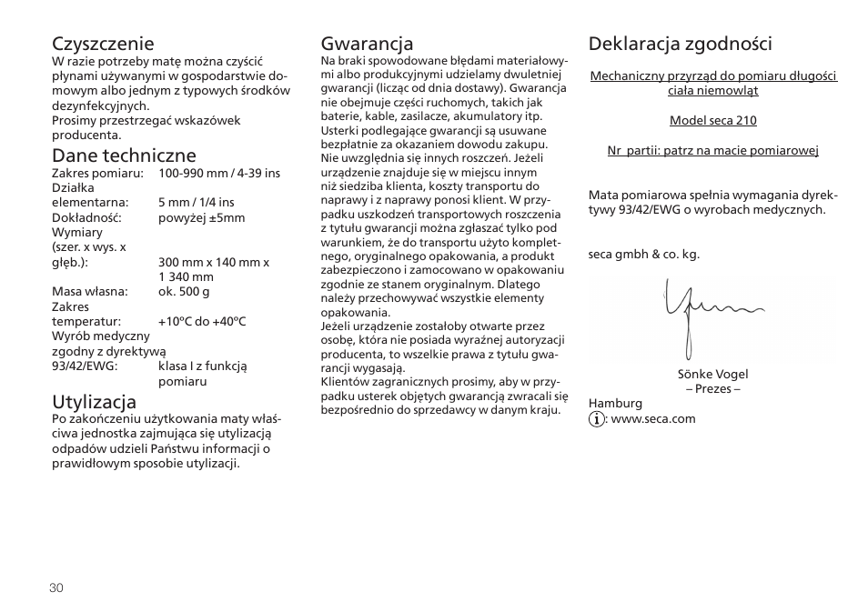 Czyszczenie, Dane techniczne, Utylizacja | Gwarancja, Deklaracja zgodności | Seca 210 User Manual | Page 30 / 32