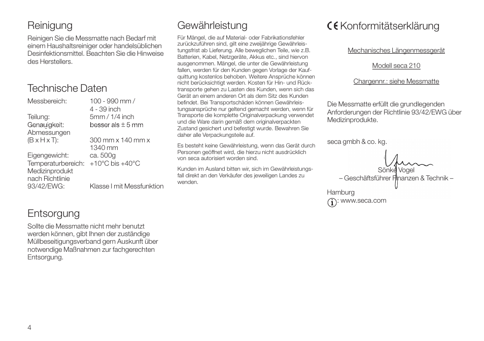 Reinigung, Technische daten, Entsorgung | Gewährleistung, Konformitätserklärung | Seca 210 User Manual | Page 4 / 32