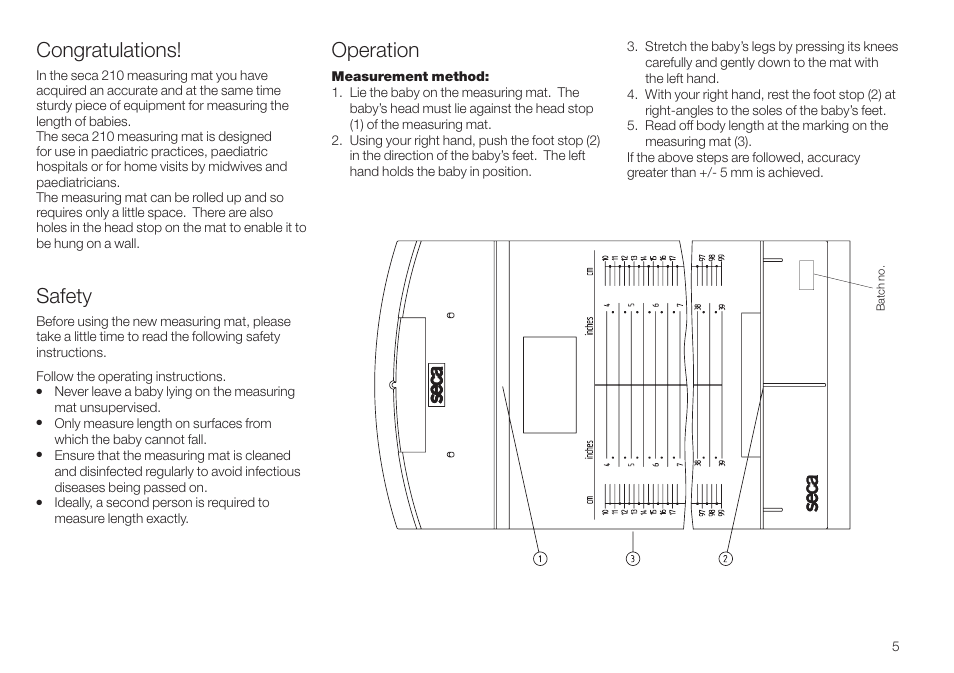 English, Congratulations, Safety | Operation, Reinigung, Technische daten, Entsorgung, Gewährleistung, Konformitätserklärung | Seca 210 User Manual | Page 5 / 32