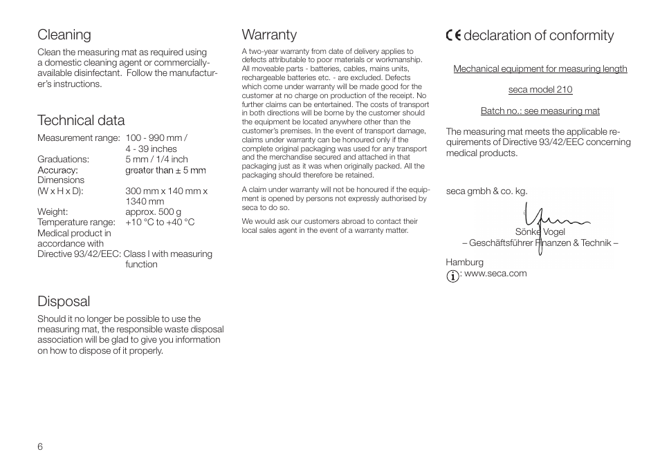 Cleaning, Technical data, Disposal | Warranty, Declaration of conformity | Seca 210 User Manual | Page 6 / 32