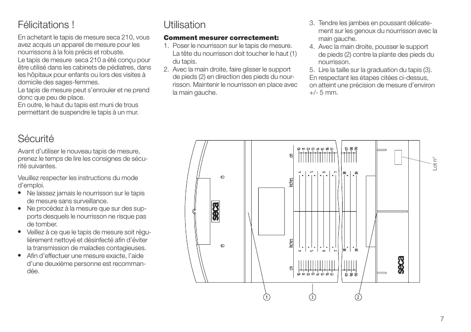 Français, Félicitations, Sécurité | Utilisation, Cleaning, Technical data, Disposal, Warranty, Declaration of conformity | Seca 210 User Manual | Page 7 / 32