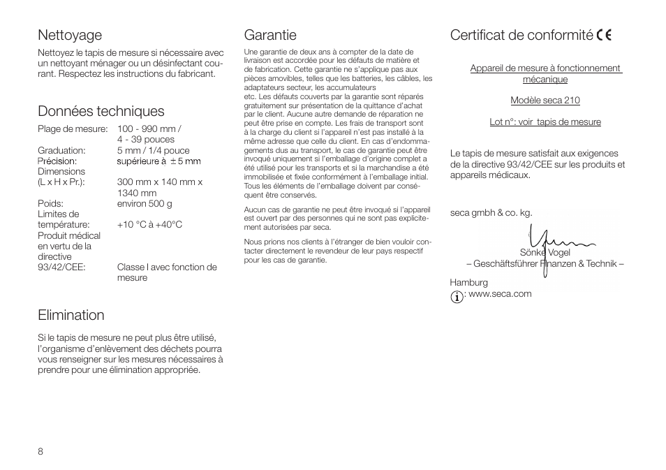 Nettoyage, Données techniques, Elimination | Garantie, Certifi cat de conformité | Seca 210 User Manual | Page 8 / 32
