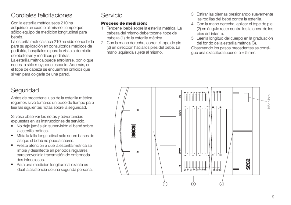 Español, Cordiales felicitaciones, Seguridad | Servicio, Garantie, Nettoyage, Données techniques, Elimination, Certifi cat de conformité | Seca 210 User Manual | Page 9 / 32