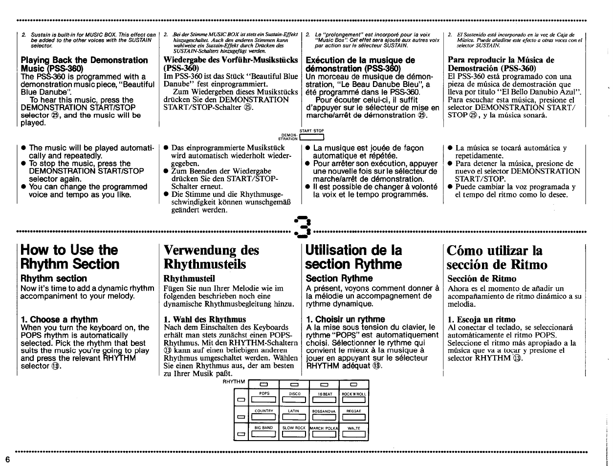 Playing back the demonstration music (pss-360), Exécution de la musique de démonstration (pss-360), Rhythm section | Choose a rhythm, Verwendung des rhythmusteils, Rhythmusteil, Section rythme, Choisir un rythme, Cómo utilizar la sección de ritmo, Sección de ritmo | Yamaha PSS-360 User Manual | Page 8 / 24