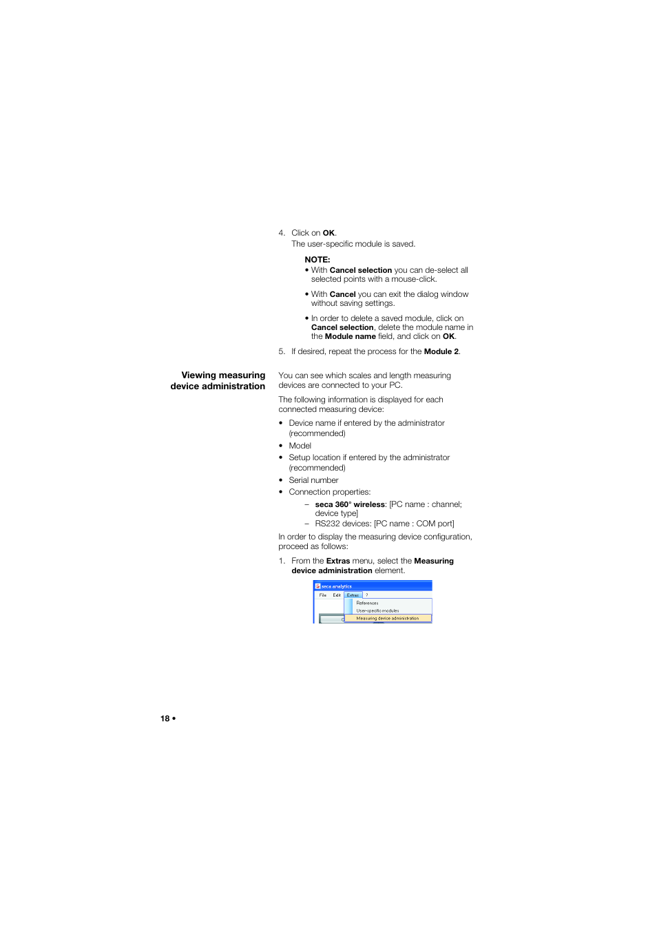 Viewing measuring device administration, Viewing measuring device, Administration | Seca Analitics 115 User Manual | Page 18 / 77