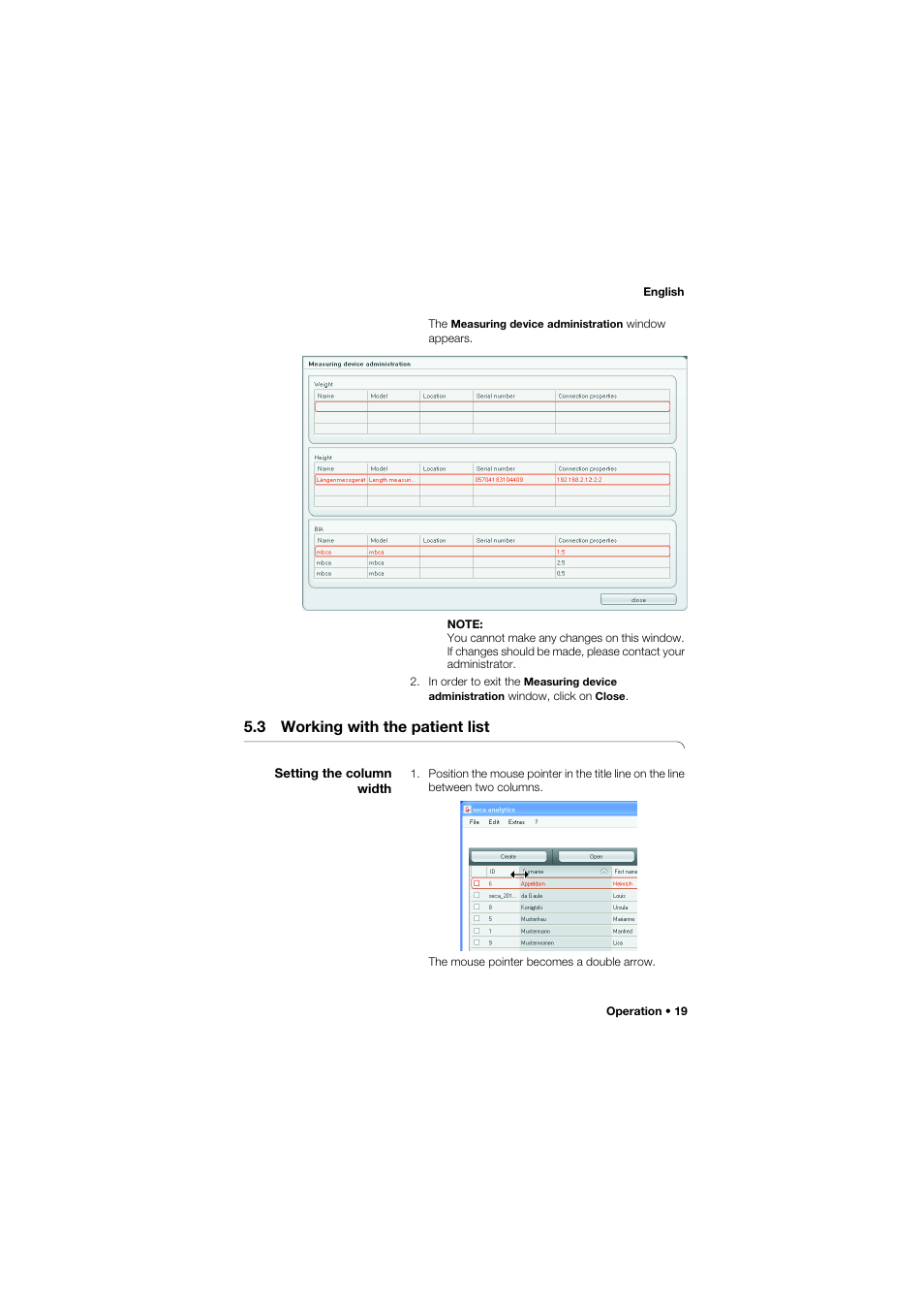 3 working with the patient list, Setting the column width | Seca Analitics 115 User Manual | Page 19 / 77