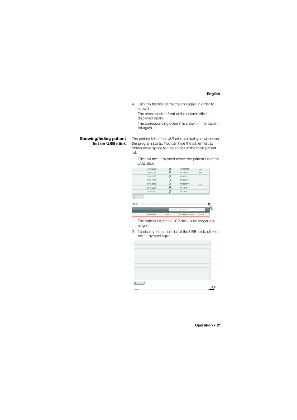 Showing/hiding patient list on usb stick, Showing/hiding patient list on, Usb stick | Seca Analitics 115 User Manual | Page 21 / 77