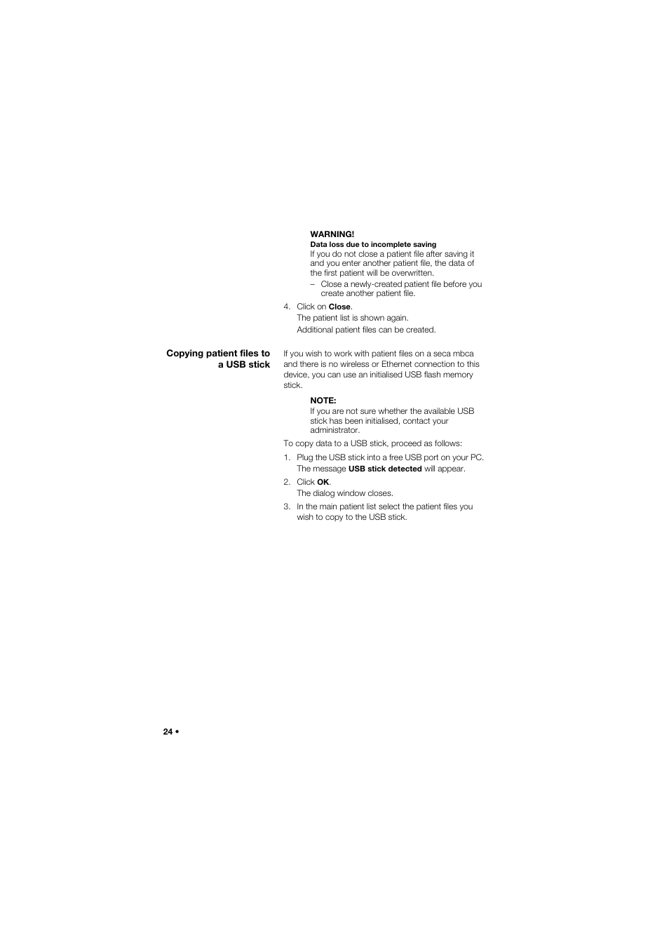 Copying patient files to a usb stick, Copying patient files to a usb, Stick | Seca Analitics 115 User Manual | Page 24 / 77