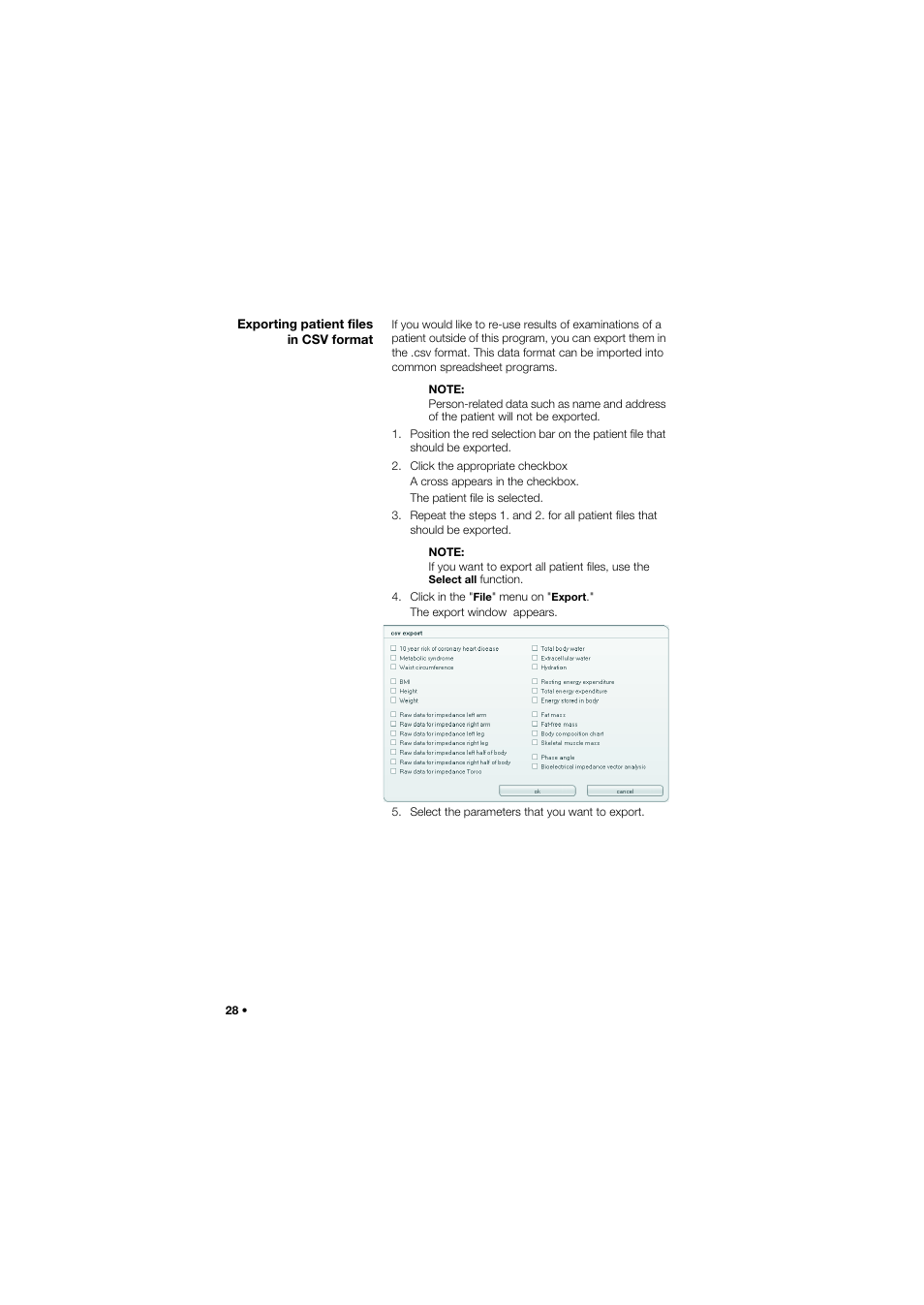 Exporting patient files in csv format, Exporting patient files in csv, Format | Seca Analitics 115 User Manual | Page 28 / 77