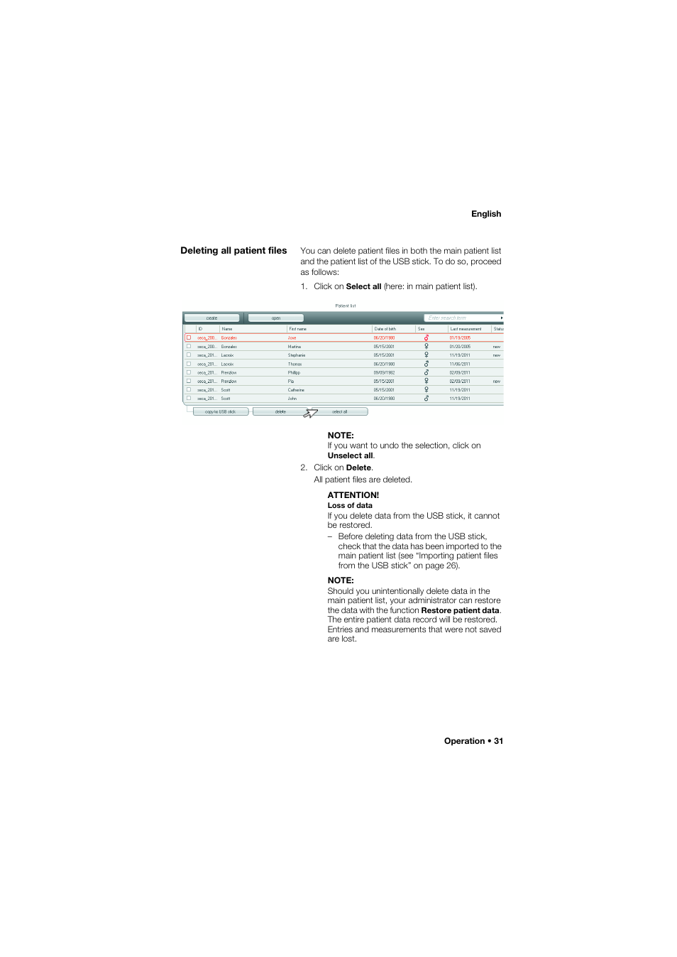 Deleting all patient files | Seca Analitics 115 User Manual | Page 31 / 77