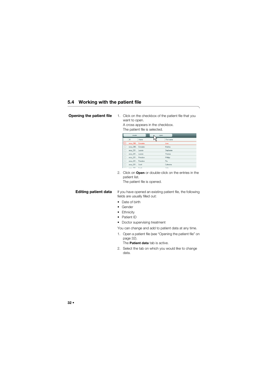 4 working with the patient file, Opening the patient file, Editing patient data | Opening the patient file editing patient data | Seca Analitics 115 User Manual | Page 32 / 77