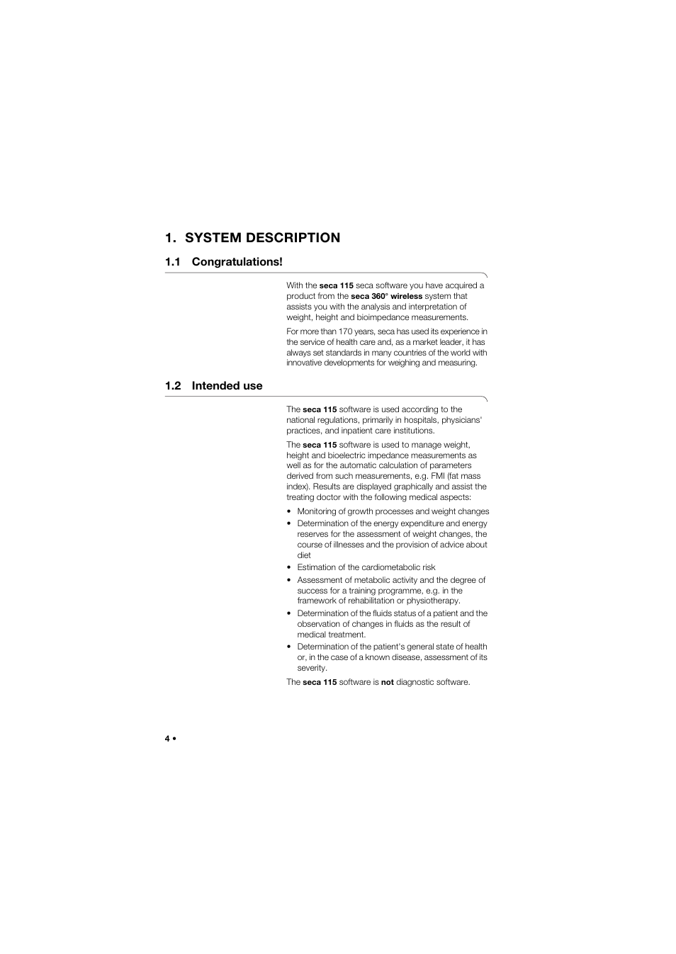 System description, 1 congratulations, 2 intended use | 1 congratulations! 1.2 intended use | Seca Analitics 115 User Manual | Page 4 / 77