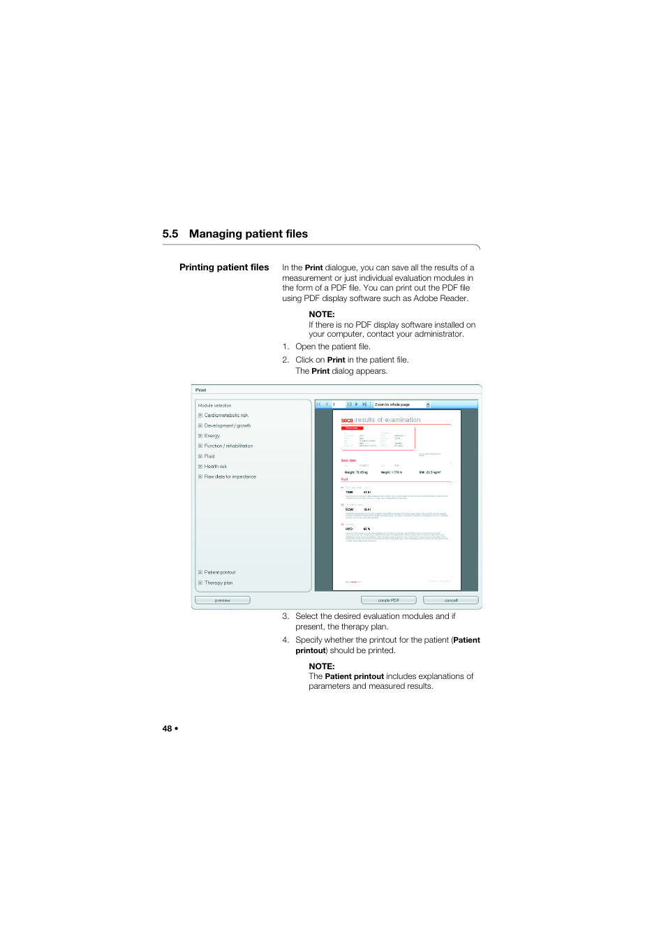 5 managing patient files, Printing patient files | Seca Analitics 115 User Manual | Page 48 / 77